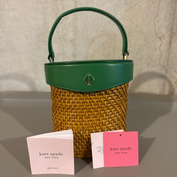 kate spade Handbags - Kate Spade Green & Tan Woven Mini Top-Handle Bucket Bag
